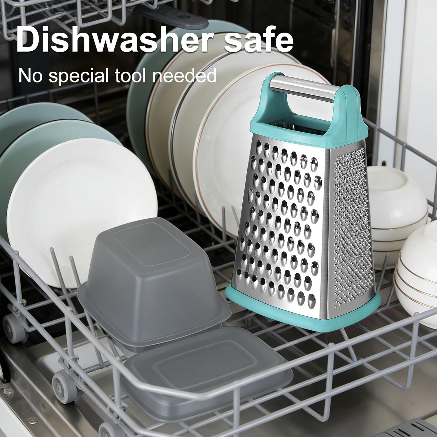 Cheese Grater with Handle, Stainless Steel Box Grater, 4 Side Kitchen Vegetable Shredder Slicer Zester with Container for Parmesan, Cabbage, Ginger, Lemon, Chocolate, Coconut (Teal Black)