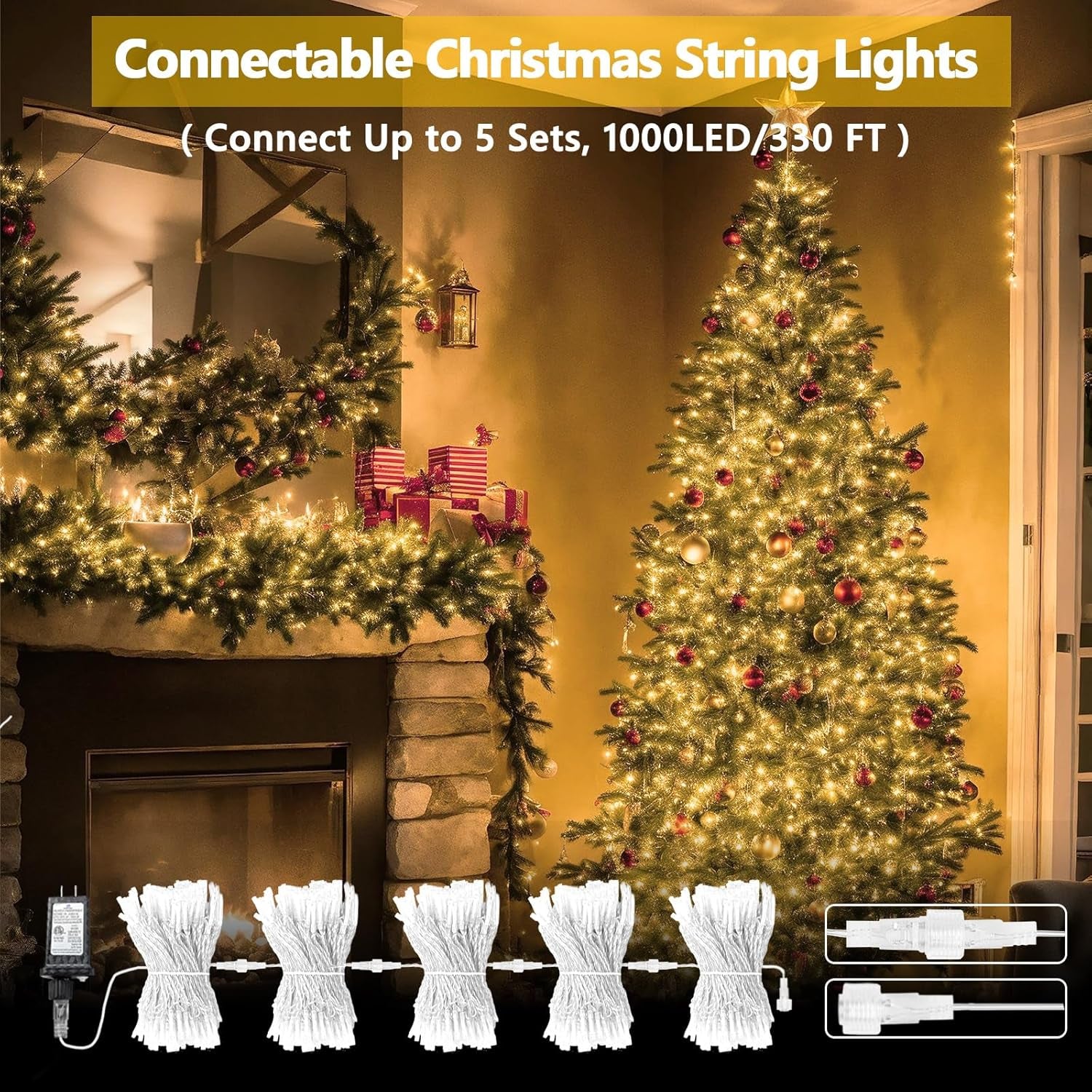 Connectable 200 LED String Lights Indoor Outdoor with Timer, 66FT 13 Modes Warm White Christmas Lights Waterproof, Twinkle Fairy Lights Plug in Clear Wire for Christmas Tree, Bedroom, Classroom Decor